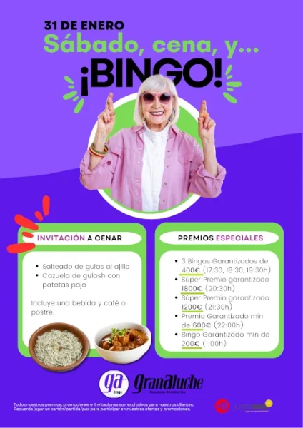 31 de enero de 2026, Sábado Loco en bingo Gran Aluche. Invitación a cenar y Premios especiales